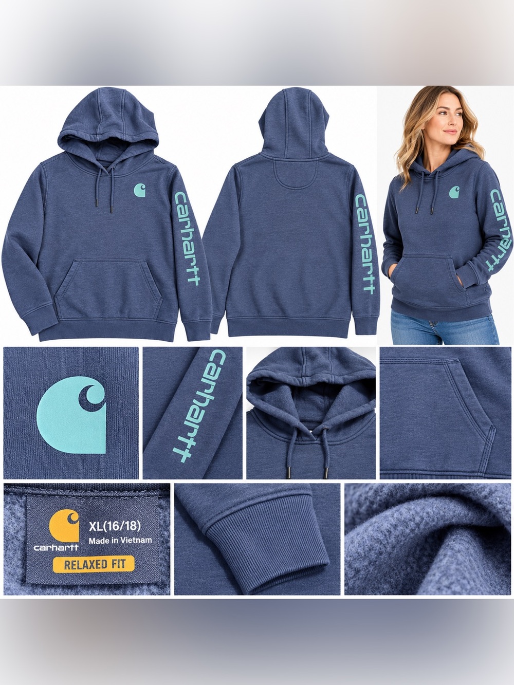 Carhartt Women’s XL Relaxed Fit Blue Fleece Hoodie Teal Logo